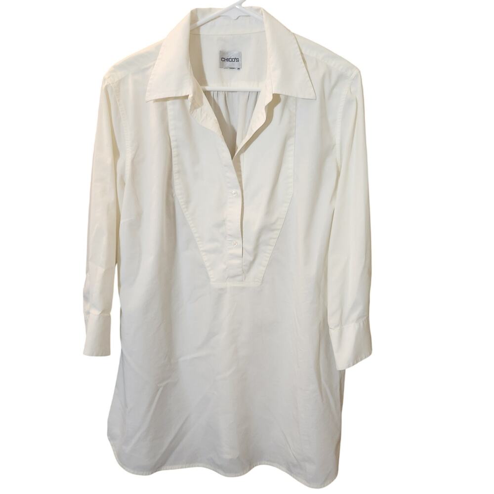 Chico's No-Iron White Popover Tunic Blouse Size 2 (US Large 12/14) 3/4 Sleeve